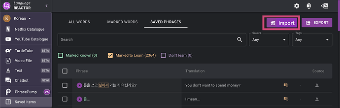 Import Words or Phrases Button Idea LR
